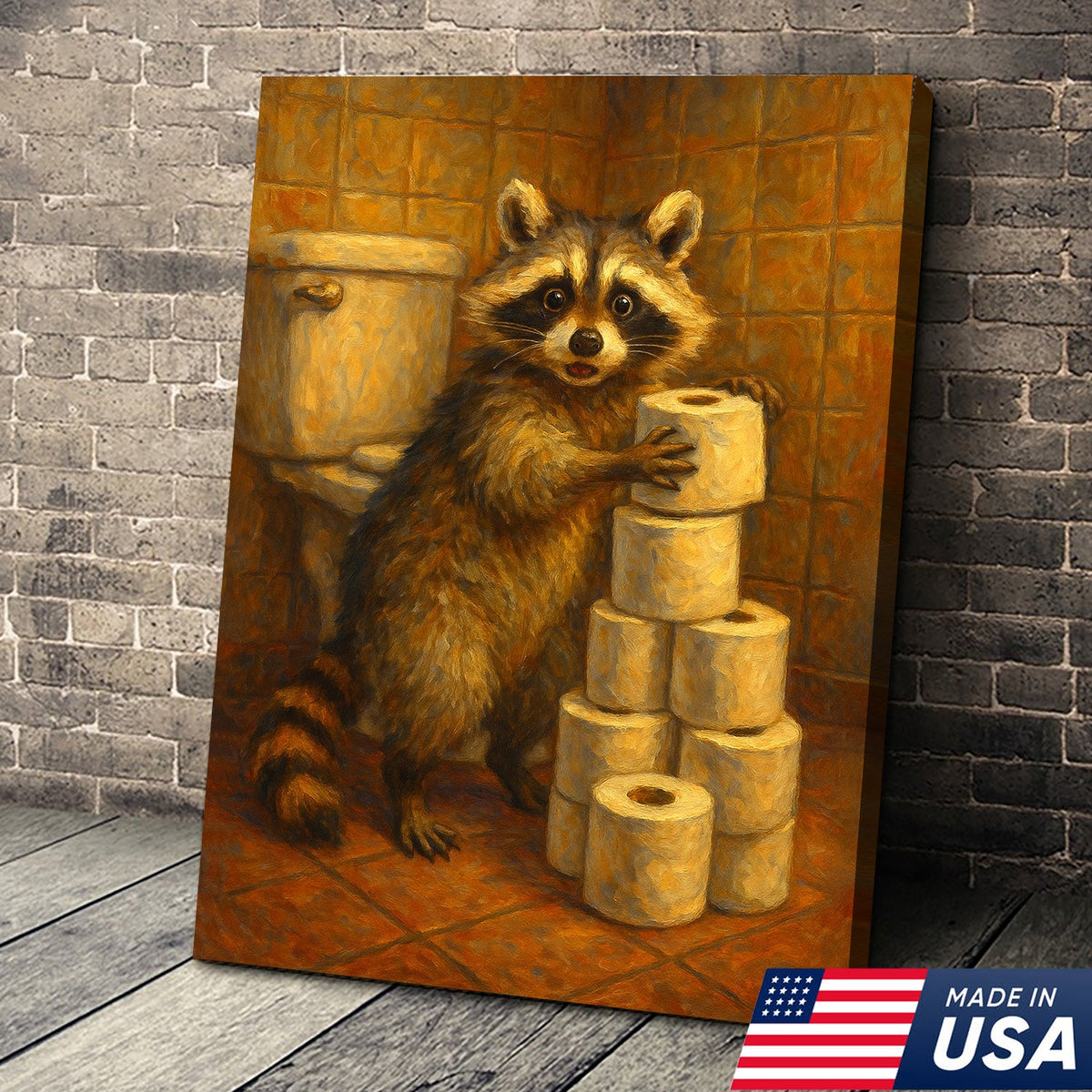 Funny Raccoon Canvas Wall Art – Cute Animal Bathroom Decor with Toilet Paper