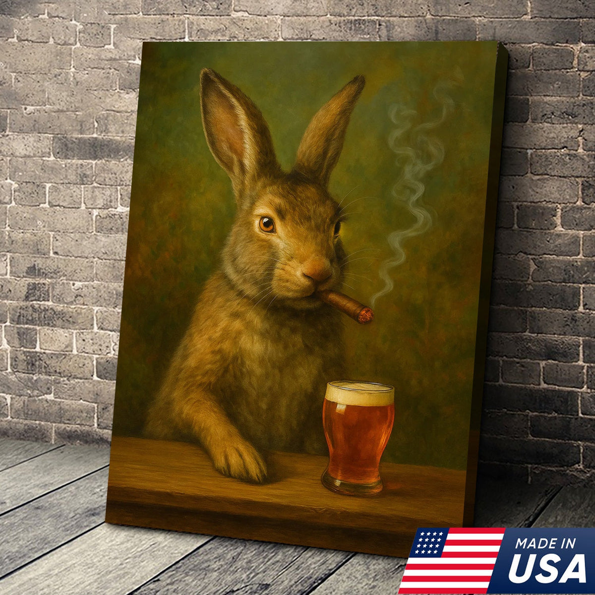 Funny Rabbit Smoking and Drinking Cocktail Glasses Canvas Wall Art – Rustic Cabin Decor