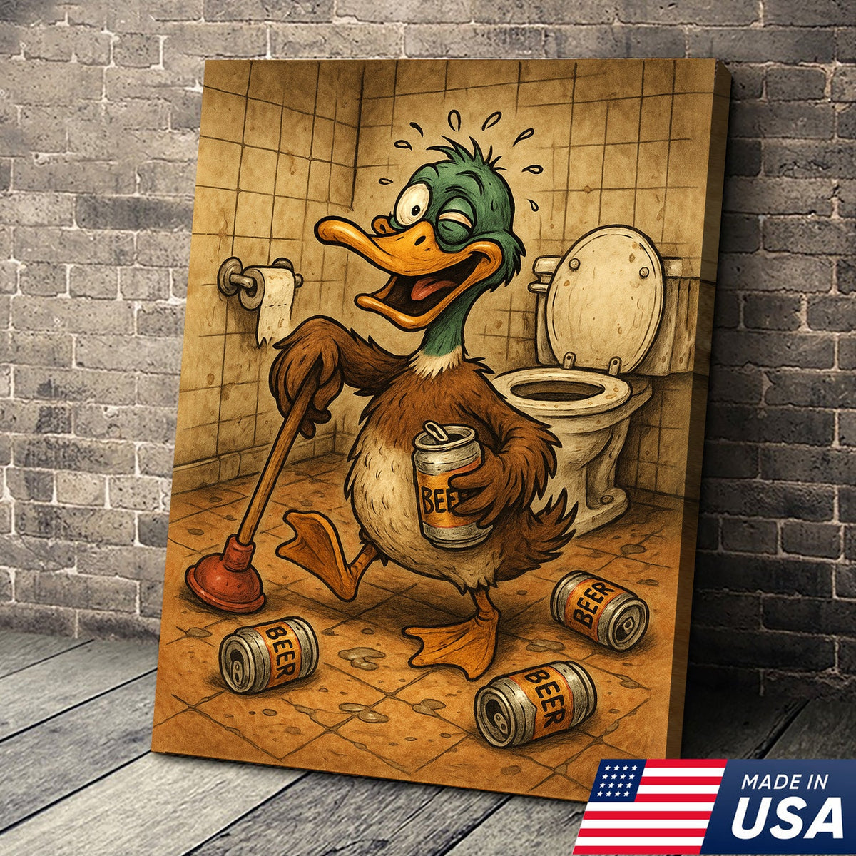 Funny Duck Canvas Wall Art – Hilarious Bathroom Decor with Soda Cans and Plunger
