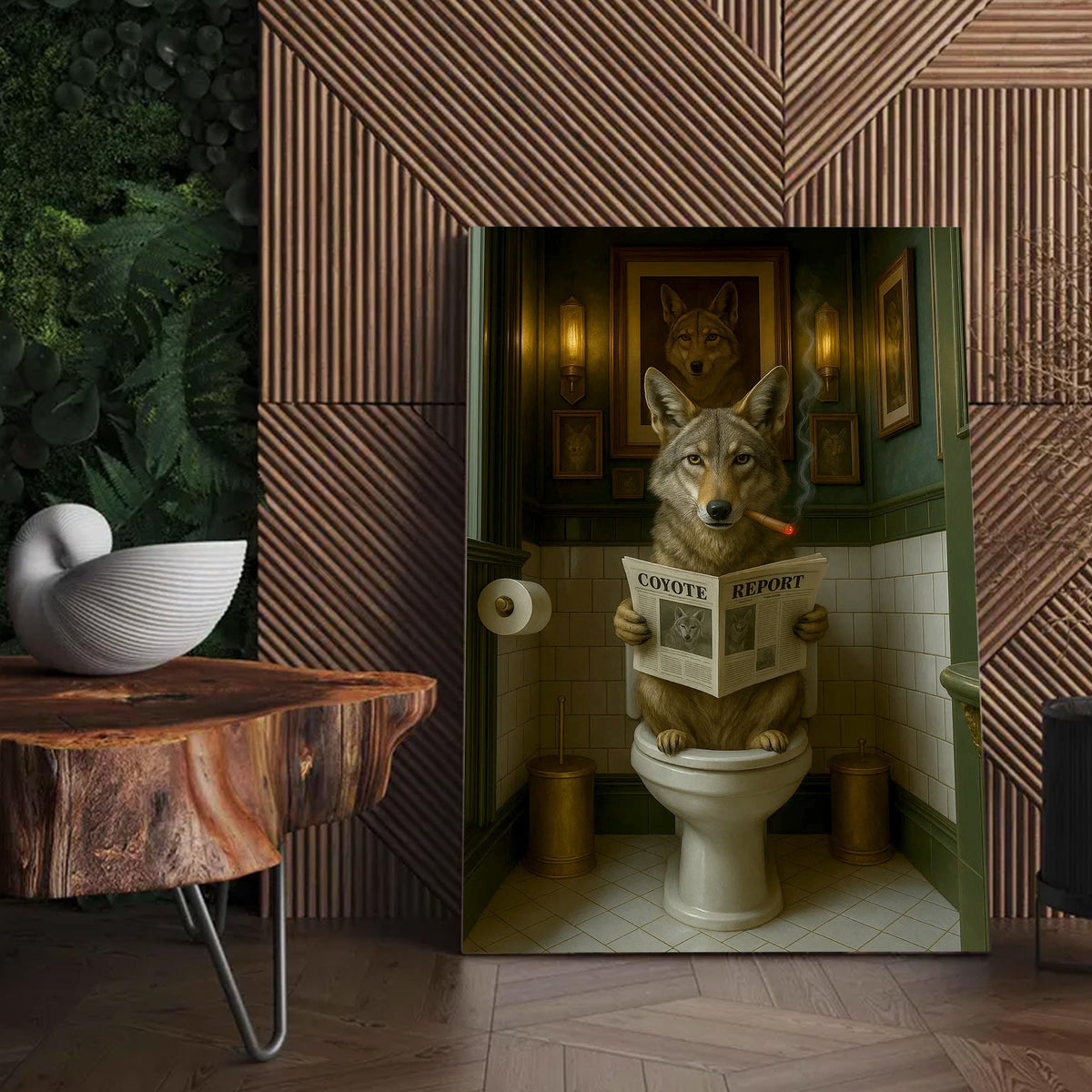 Funny Coyote Bathroom Canvas – Wild Dog on Toilet Reading Newspaper - Wolf Coyote