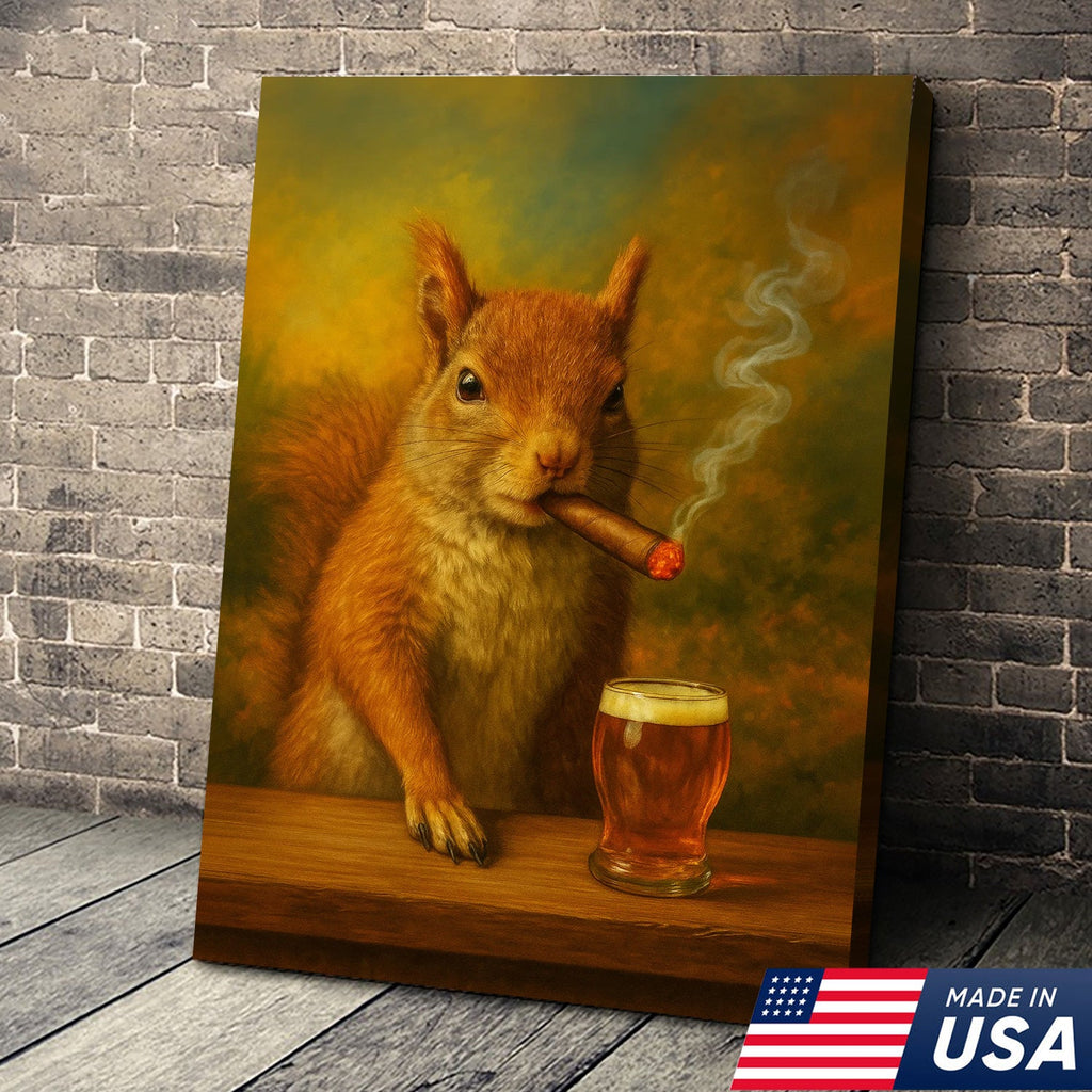Funny Squirrel Smoking and Drinking Cocktail Glasses Canvas Wall Art – Quirky Cabin Decor