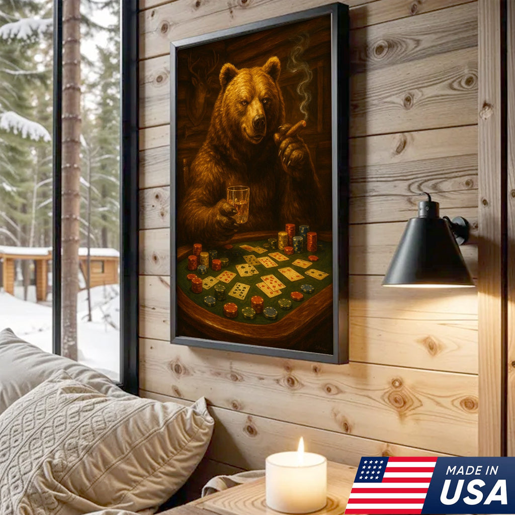 Rustic Bear Poker Canvas Wall Art – Funny Animal Playing Cards Decor