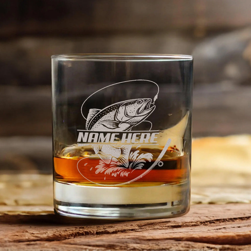 Custom Name Trout Fishing Whiskey Glass – Personalized Engraved Fly Fisherman Gift