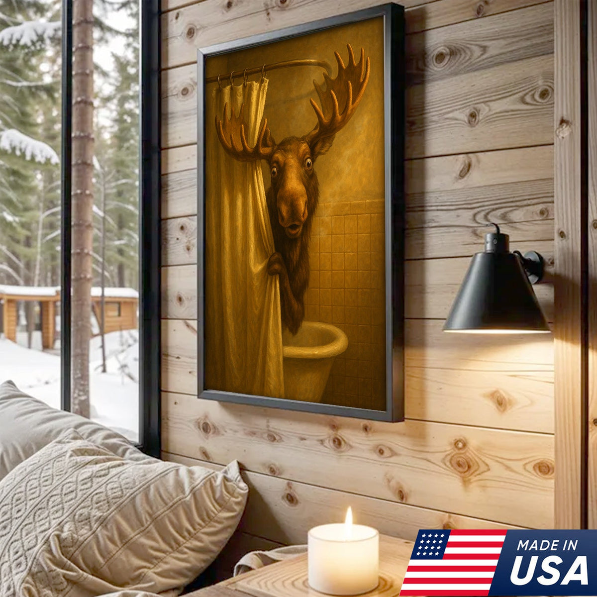 Funny Moose Bathroom Canvas Wall Art – Rustic Lodge Cabin Decor for Bathroom
