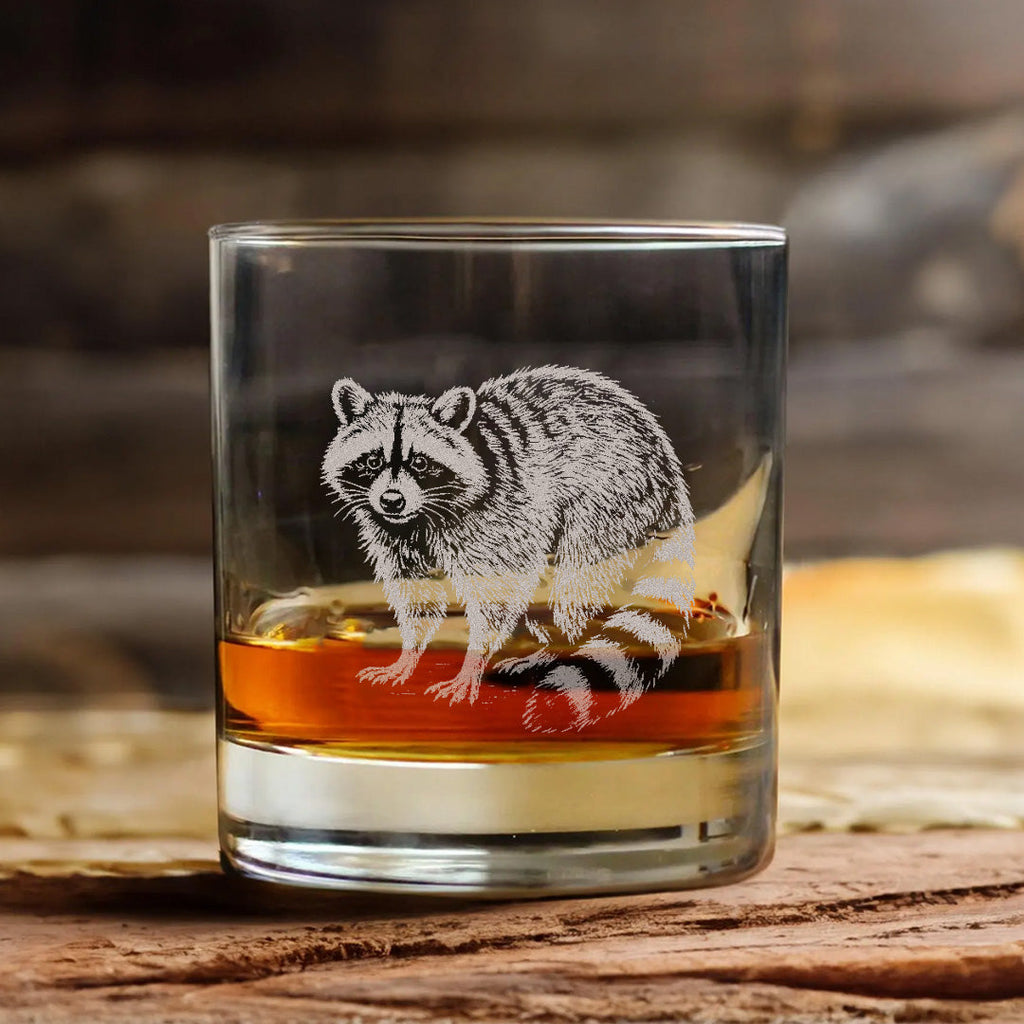 Wildlife Raccoon Engraved Whiskey Glass – Custom Rocks Glass Gift for Hunters & Wildlife Lovers