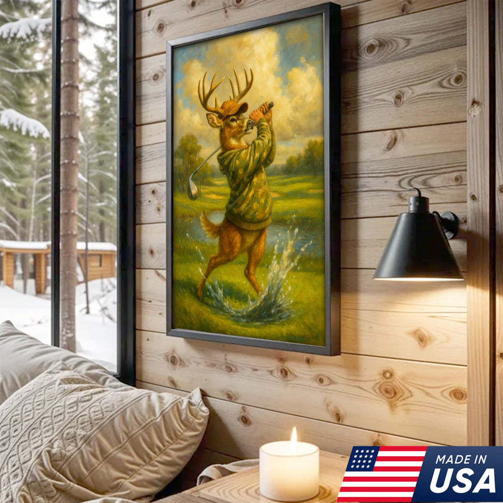 Funny Deer Playing Golf Canvas Wall Art – Rustic Hunting Cabin Lodge Decor, Man Cave & Golfer Gift