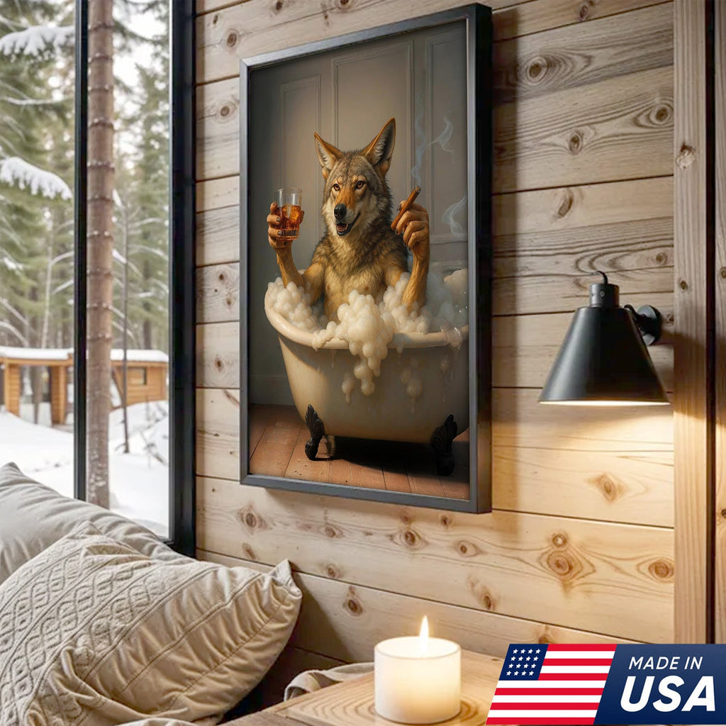 Wolf Coyote Chilling in Bubble Bath Canvas Wall Art – Whimsical Bathroom Decor