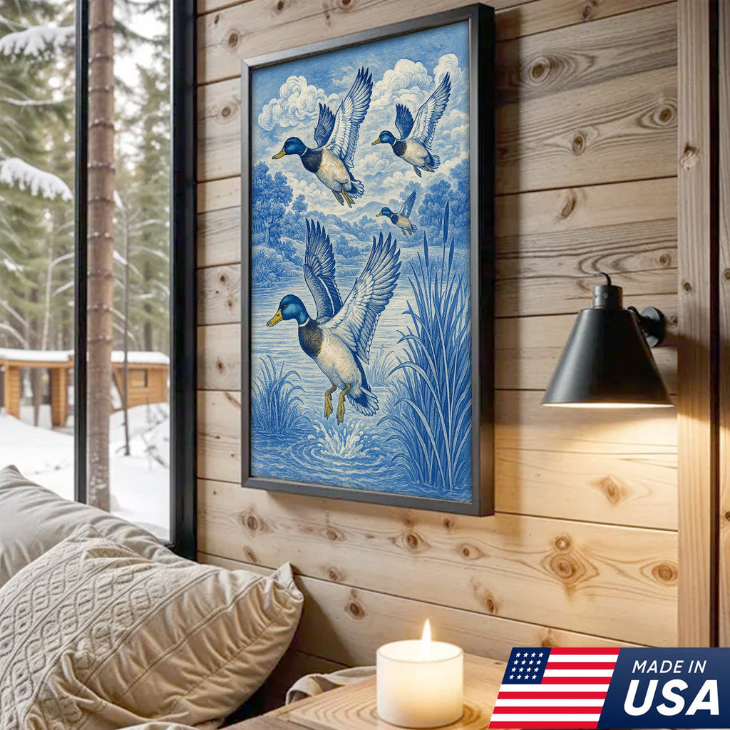 Vintage Mallard Duck Hunting Canvas – Rustic Blue Wildlife Wall Art USA
