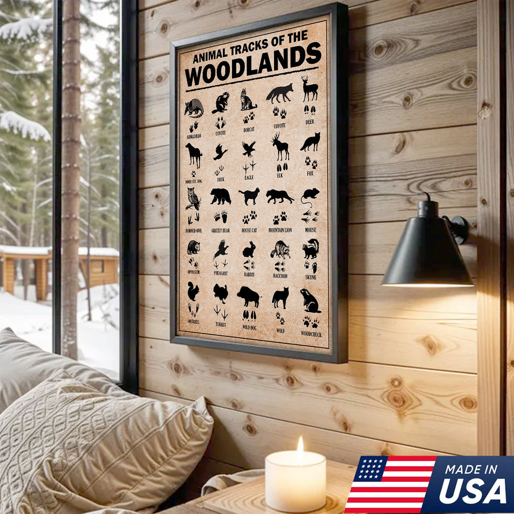 Animal Tracks of the Woodlands Canvas Wall Art, Wildlife Footprint Chart, Rustic Hunting Cabin