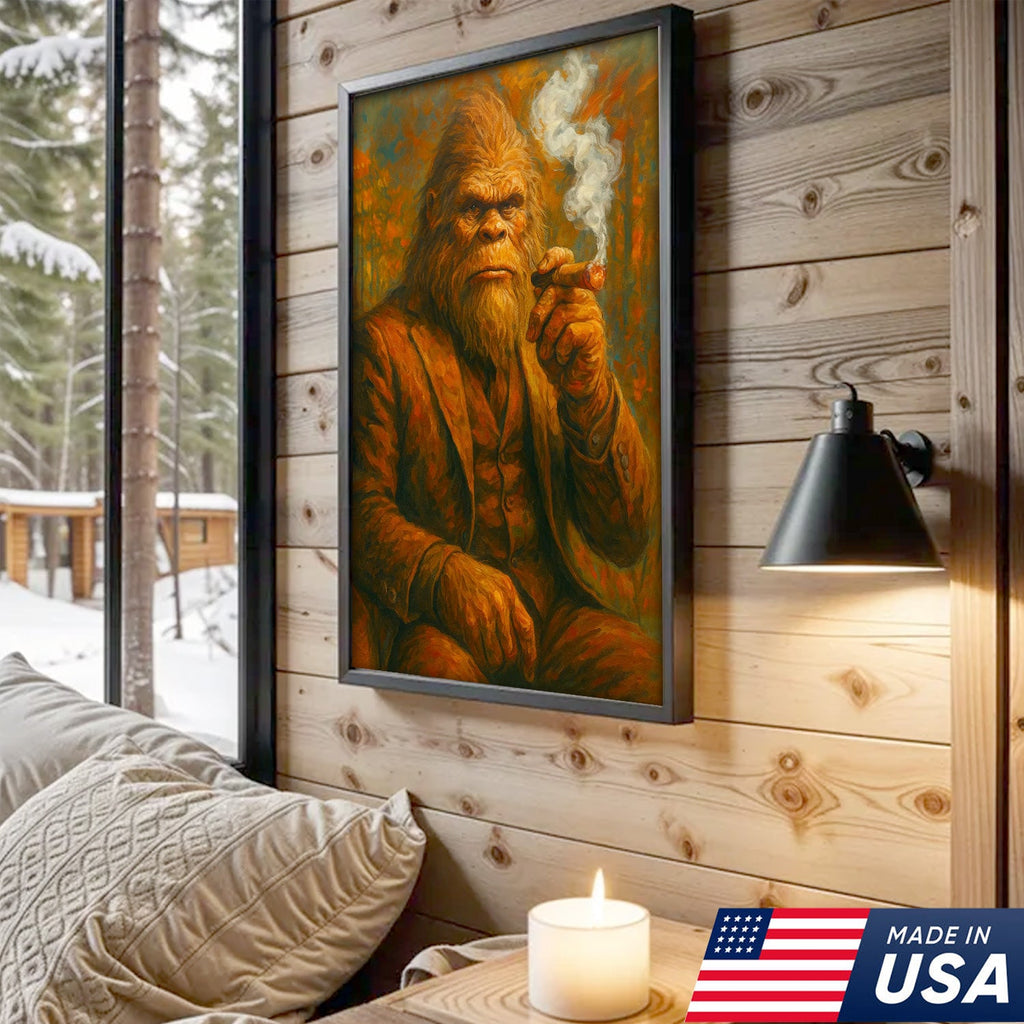 Bigfoot Smoking Canvas, Sasquatch Wall Art Print for Man Cave, Rustic Cabin