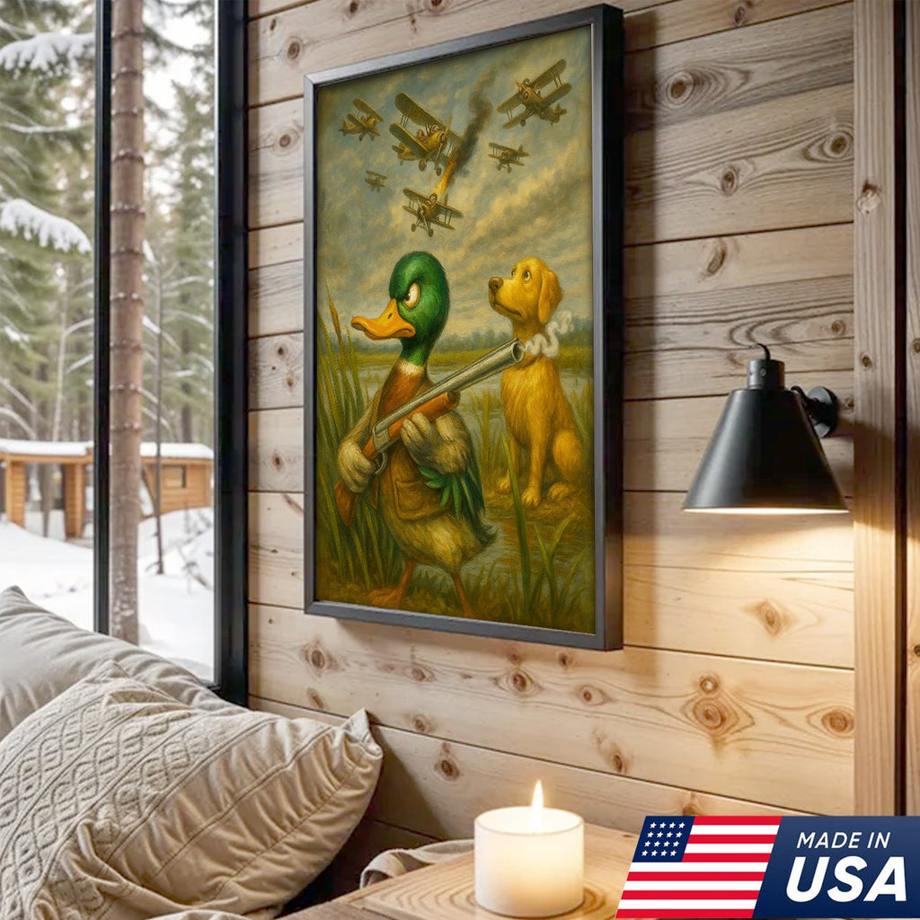Funny Duck with Shotgun Canvas Wall Art – Hunting Dog & Airplane Battle Rustic Decor