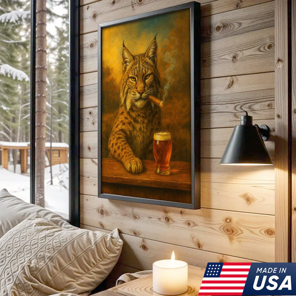 Funny Bobcat Smoking with Cocktail Glasses Canvas – Rustic Cabin & Hunting Lodge Wall Art