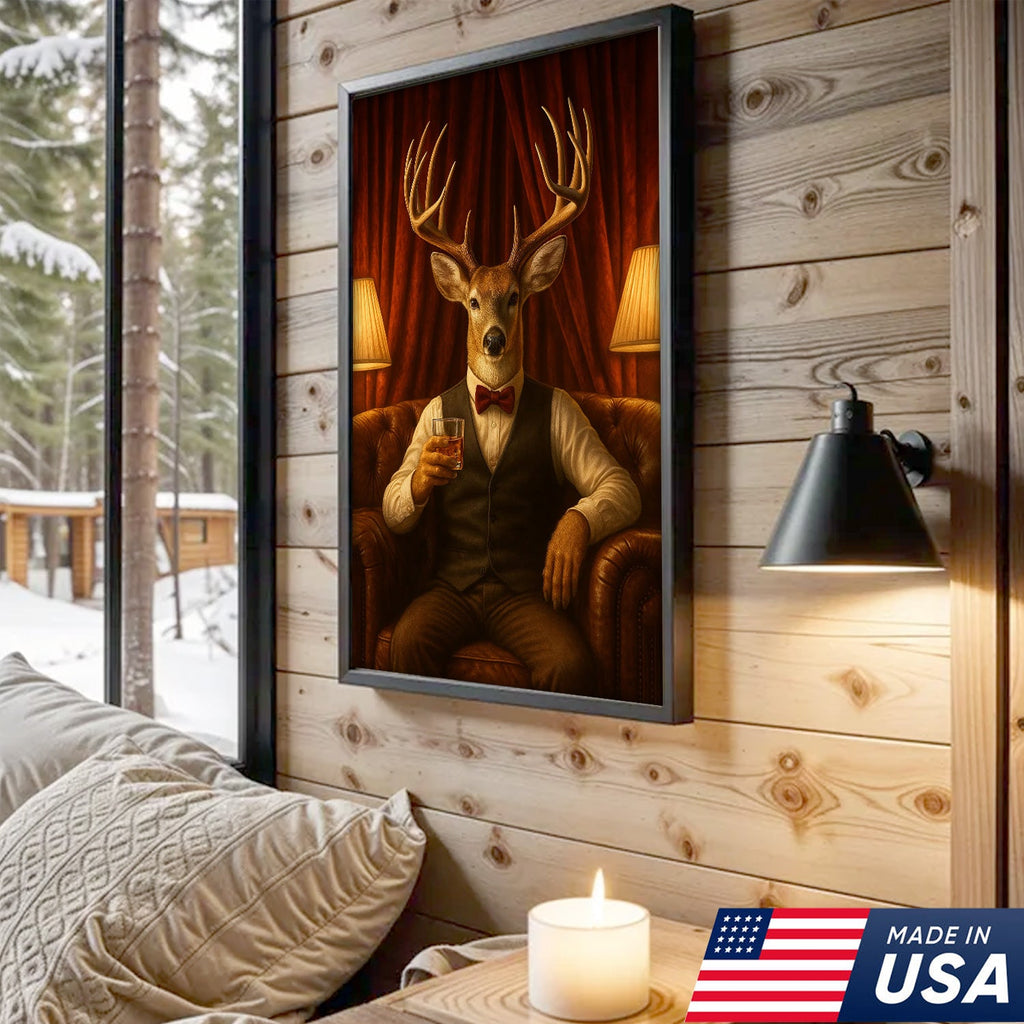 Gentleman Deer Canvas Wall Art – Rustic Hunting Lodge Whiskey Decor