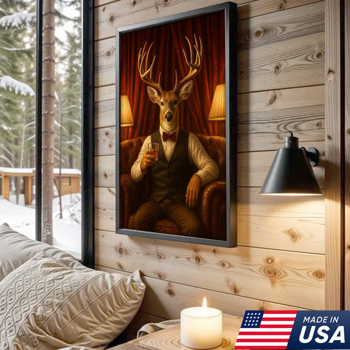 Gentleman Deer Canvas Wall Art – Rustic Hunting Lodge Whiskey Decor