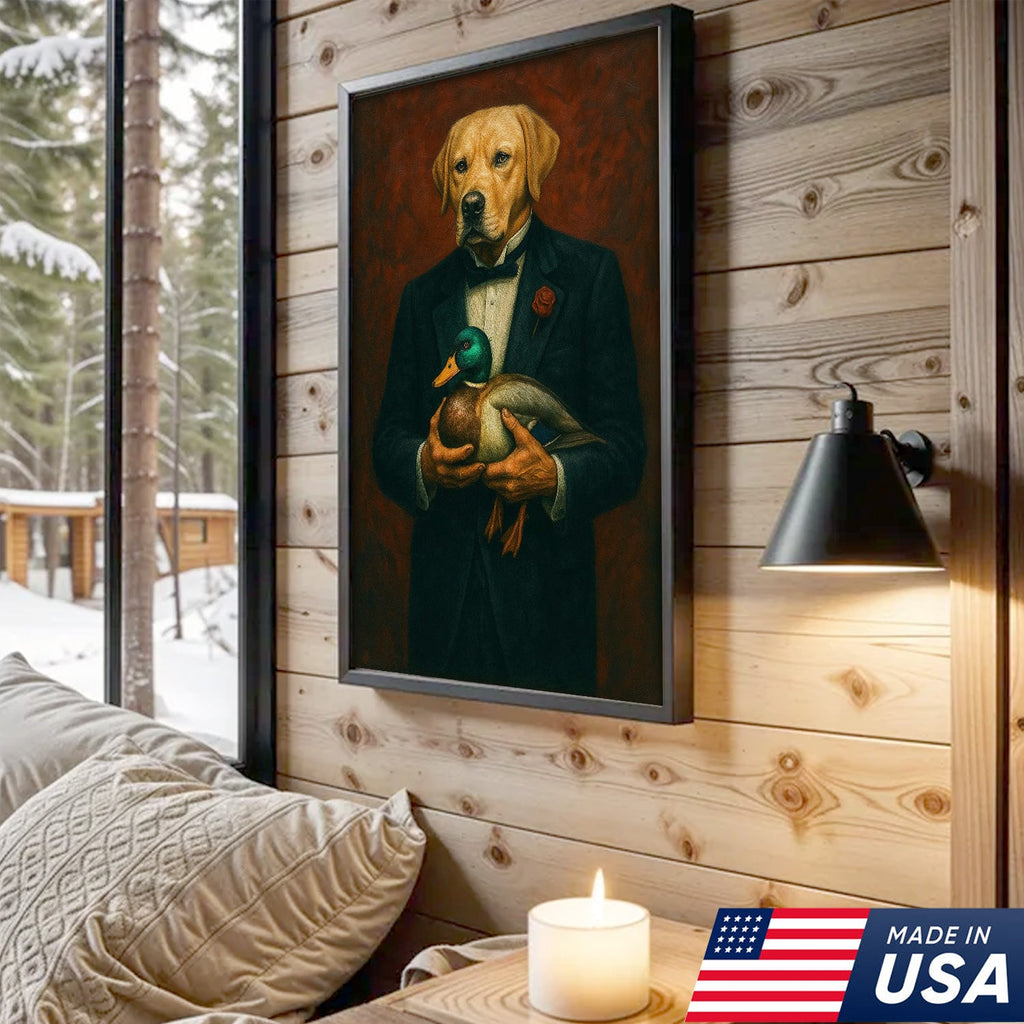 Yellow Labrador Retriever Canvas Wall Art – Distinguished Dog in Tuxedo Holding Mallard Duck
