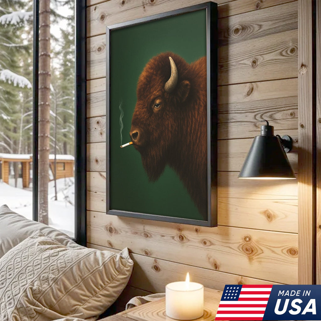 Bison Smoking Canvas Wall Art – Western Rustic Decor for Hunters & Cowboys