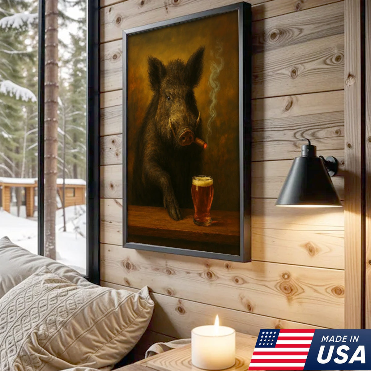 Funny Wild Boar Smoking with Cocktail Glasses Canvas – Rustic Hunting Lodge Wall Art