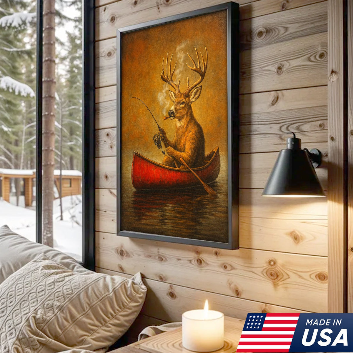 Funny Mule Deer Fishing Canvas Wall Art, Rustic Cabin & Lodge Decor for Hunters