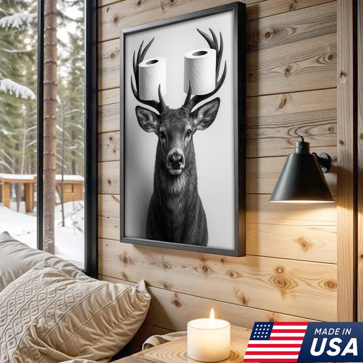 Deer Canvas Wall Art - Funny Animal Portrait with Toilet Paper on Antlers