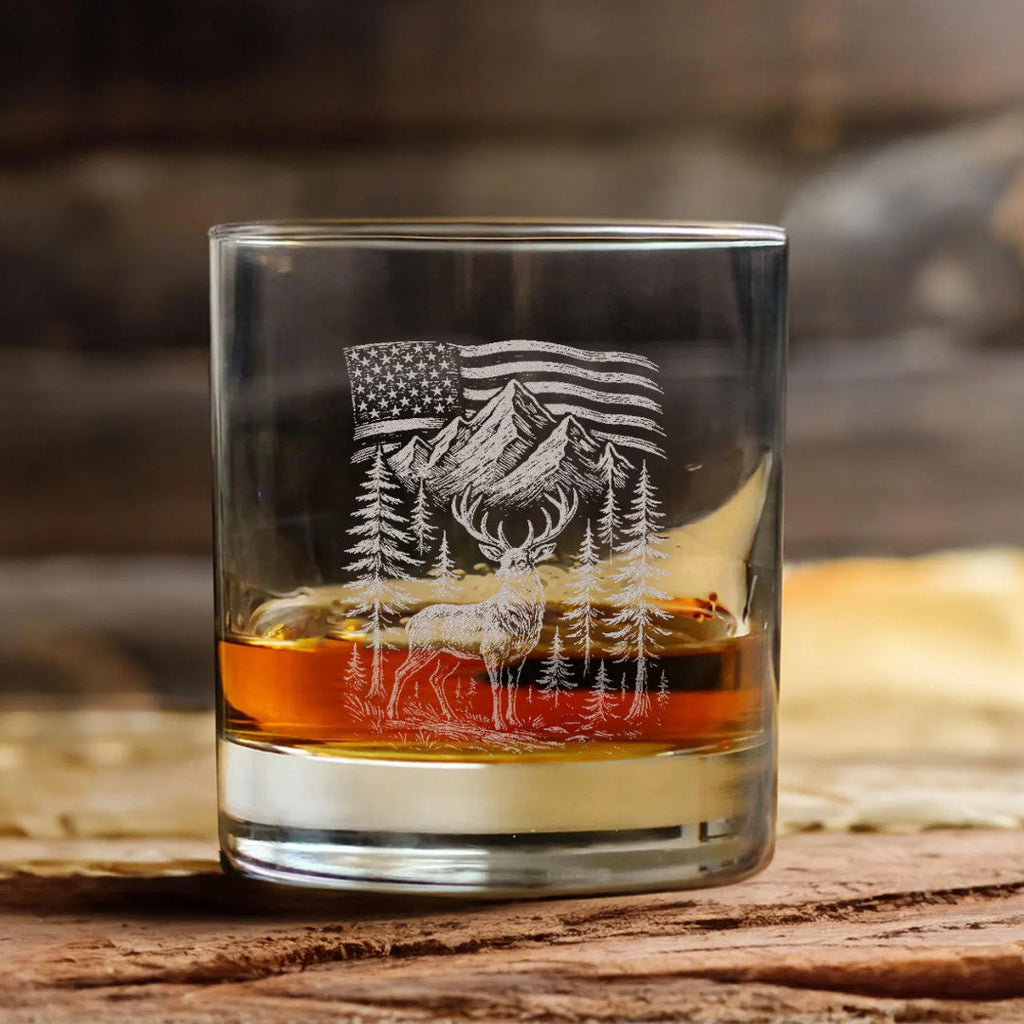 Patriotic Deer Whiskey Glass – Custom Engraved American Flag Hunting Gift for Outdoorsmen 2025