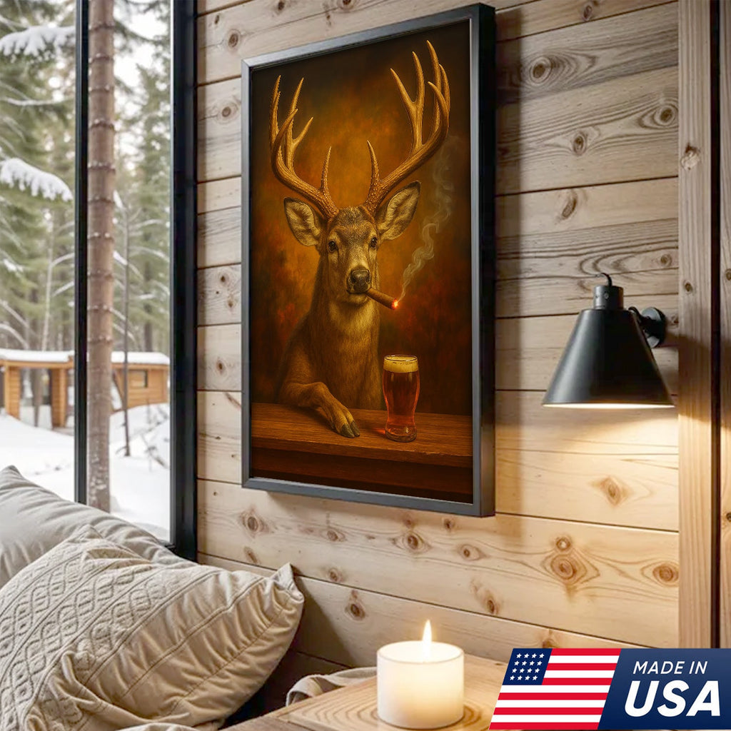 Muke Deer With Smoking & Cocktail Glasses Canvas – Funny Hunting Lodge Wall Art Perfect Gift for Hunters