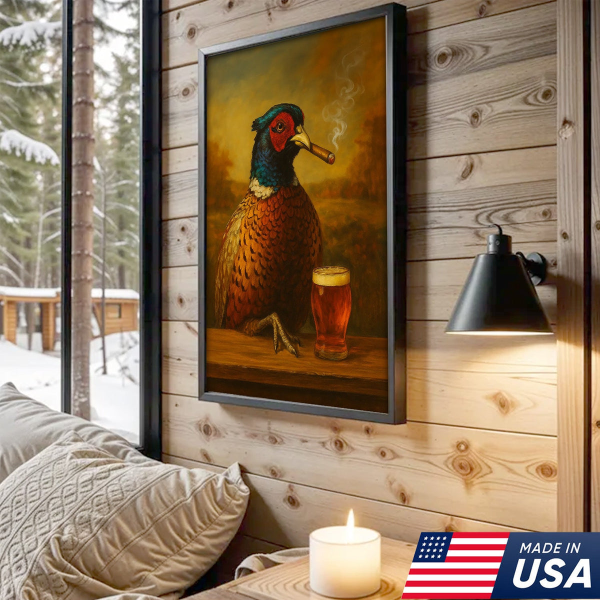 Pheasant With Smoking & Cocktail Glasses Canvas – Hunting Lodge Decor Perfect Gift for Hunters