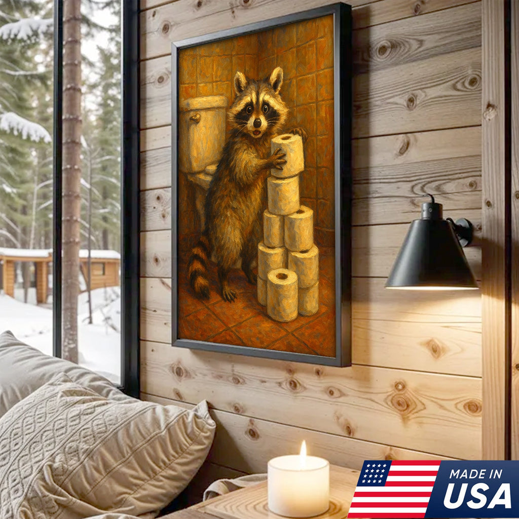 Funny Raccoon Canvas Wall Art – Cute Animal Bathroom Decor with Toilet Paper