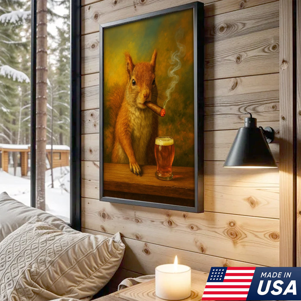 Funny Squirrel Smoking and Drinking Cocktail Glasses Canvas Wall Art – Quirky Cabin Decor