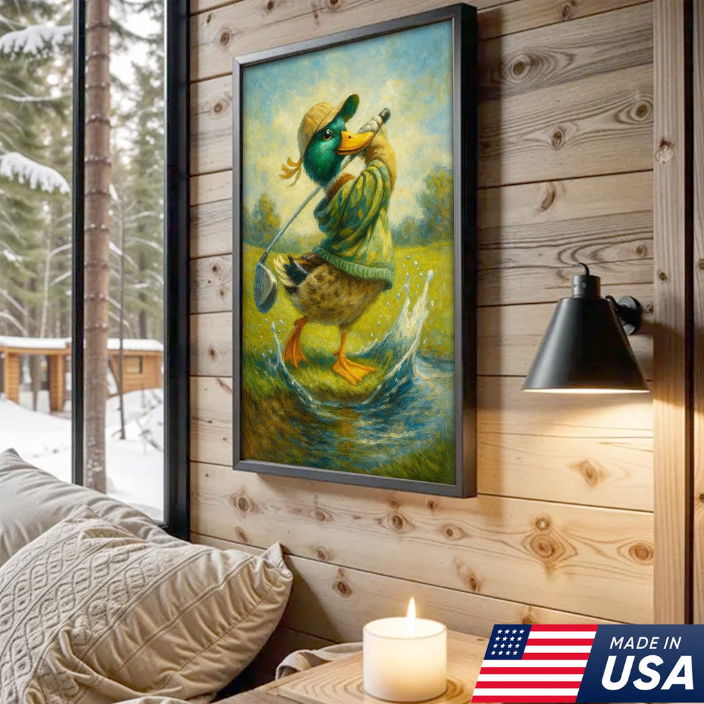 Funny Duck Playing Golf Canvas Wall Art – Rustic Sports Lodge Decor, Man Cave & Golfer Gift