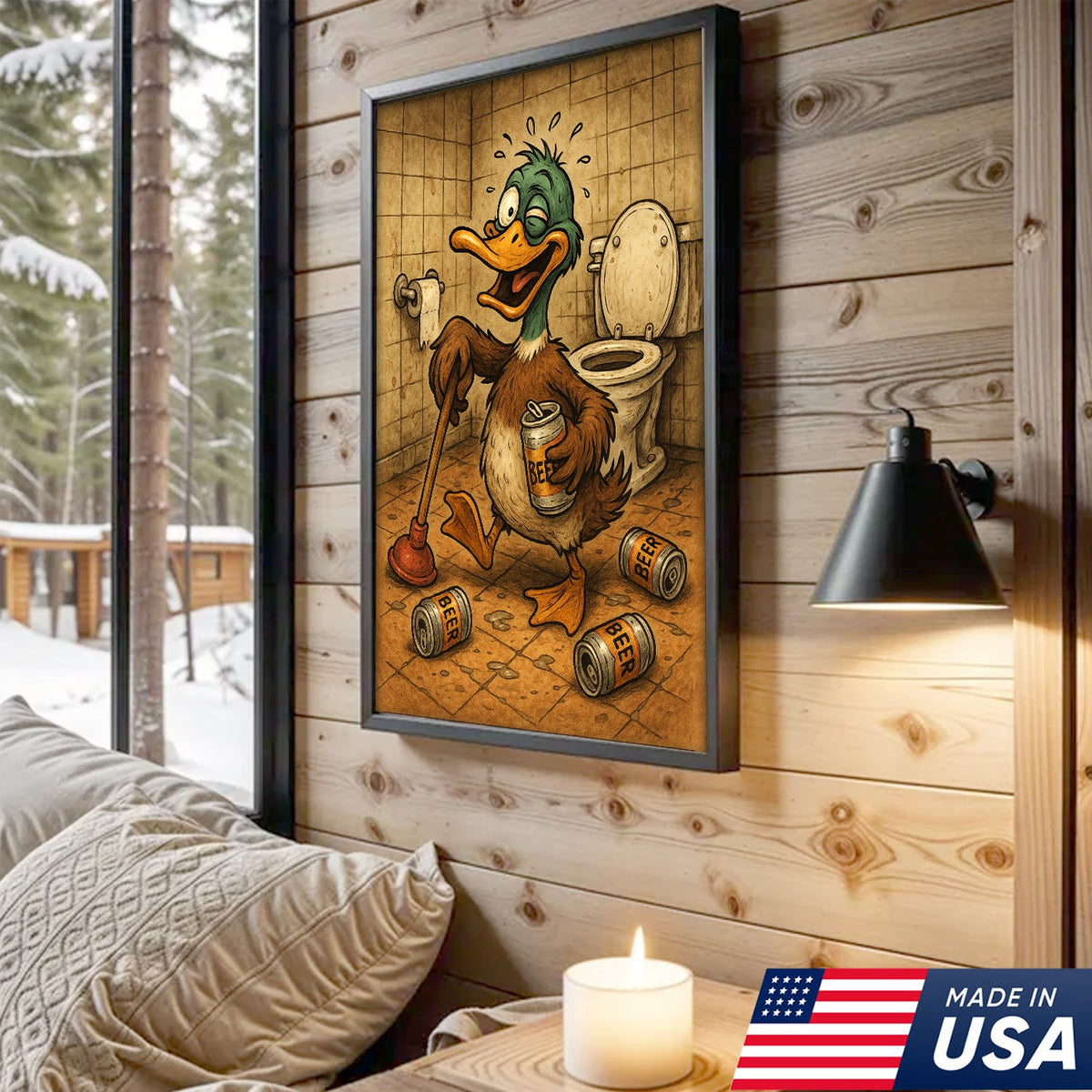 Funny Duck Canvas Wall Art – Hilarious Bathroom Decor with Soda Cans and Plunger