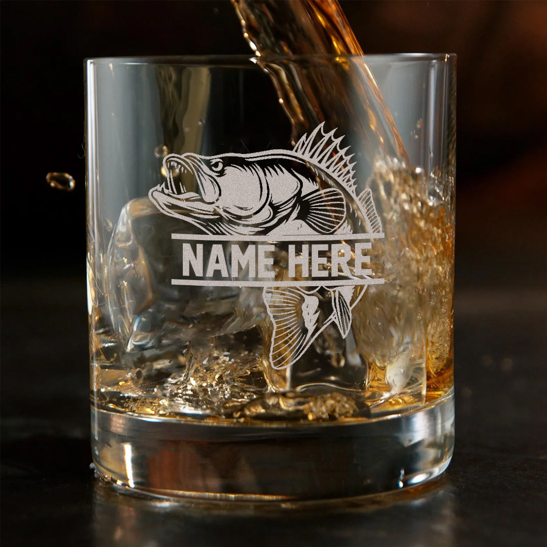 Personalized Engraved Whiskey Glass, Custom Fishing Rocks Glass, Gift for Fishermen, Rustic Barware