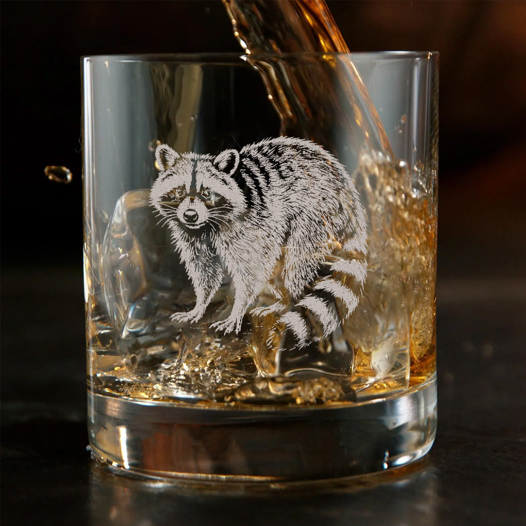Wildlife Raccoon Engraved Whiskey Glass – Custom Rocks Glass Gift for Hunters & Wildlife Lovers