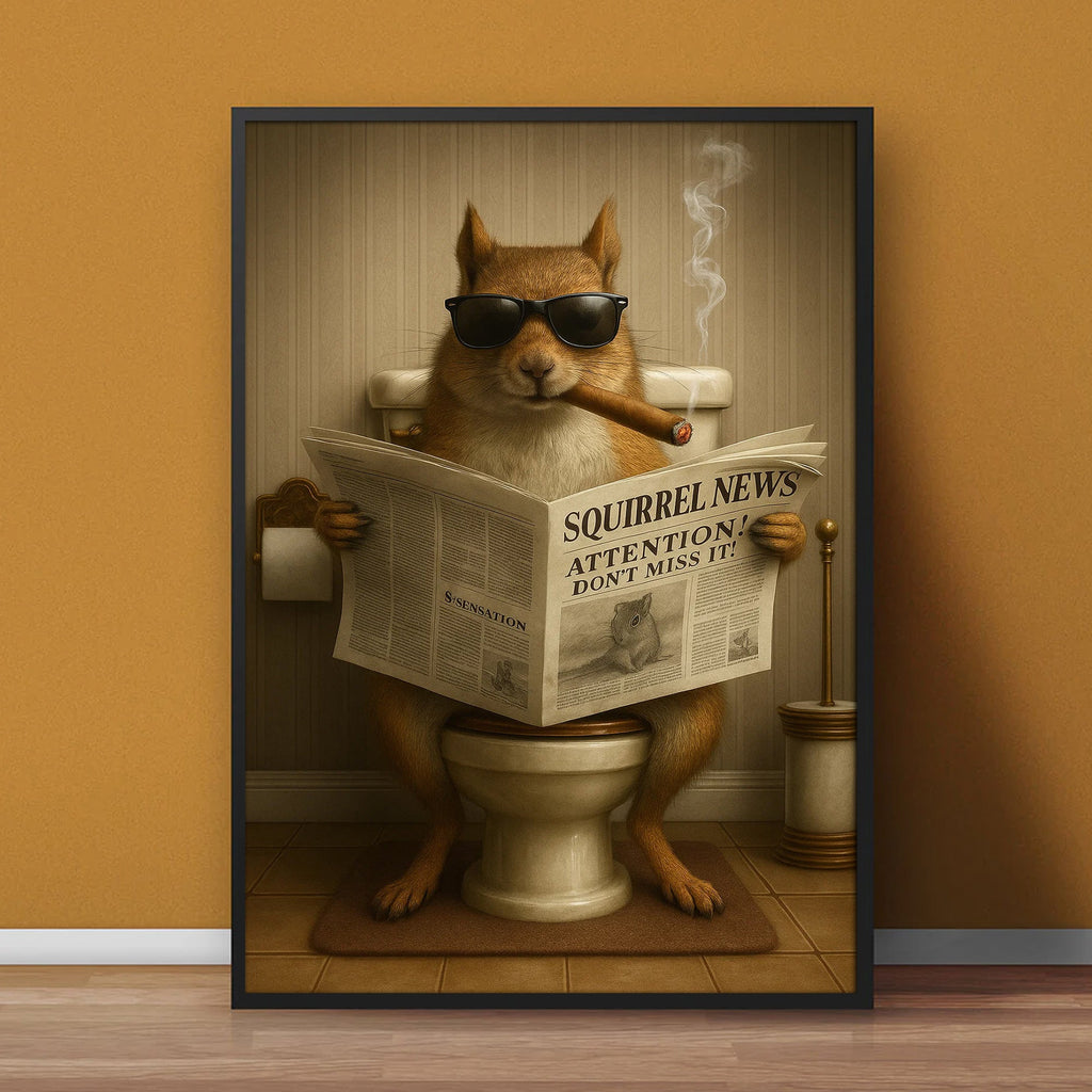 Squirrel Reading News Smoking Bathroom Wall Art – Rustic Decor for Men, Hunting Cabin Canvas
