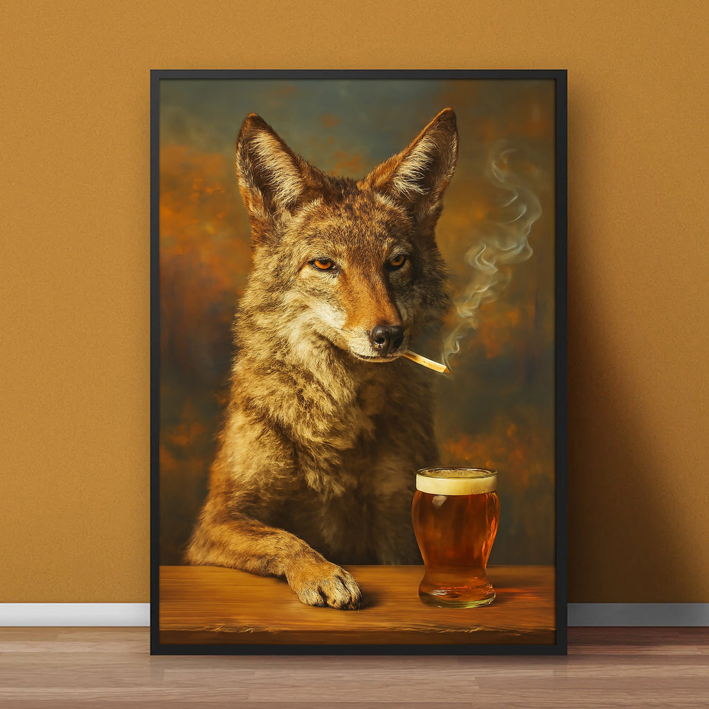 Smoking Wolf Coyote with Cocktail Glasses Canvas – Funny Hunting Wall Art for Man Caves