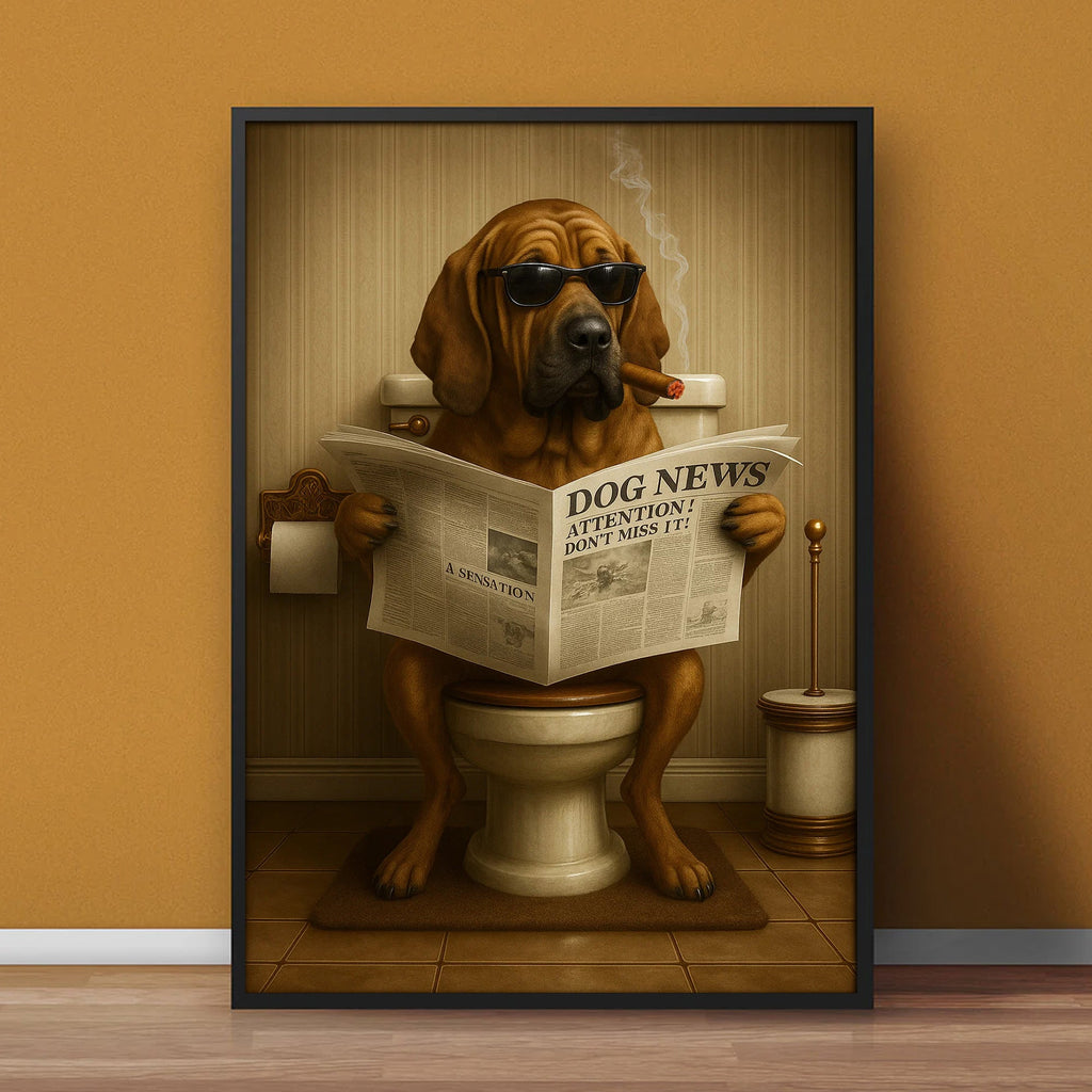 Funny Rustic Dog Bathroom Canvas – Bloodhound Smoking Reading ‘Dog News’ - Hunting Cabin Decor