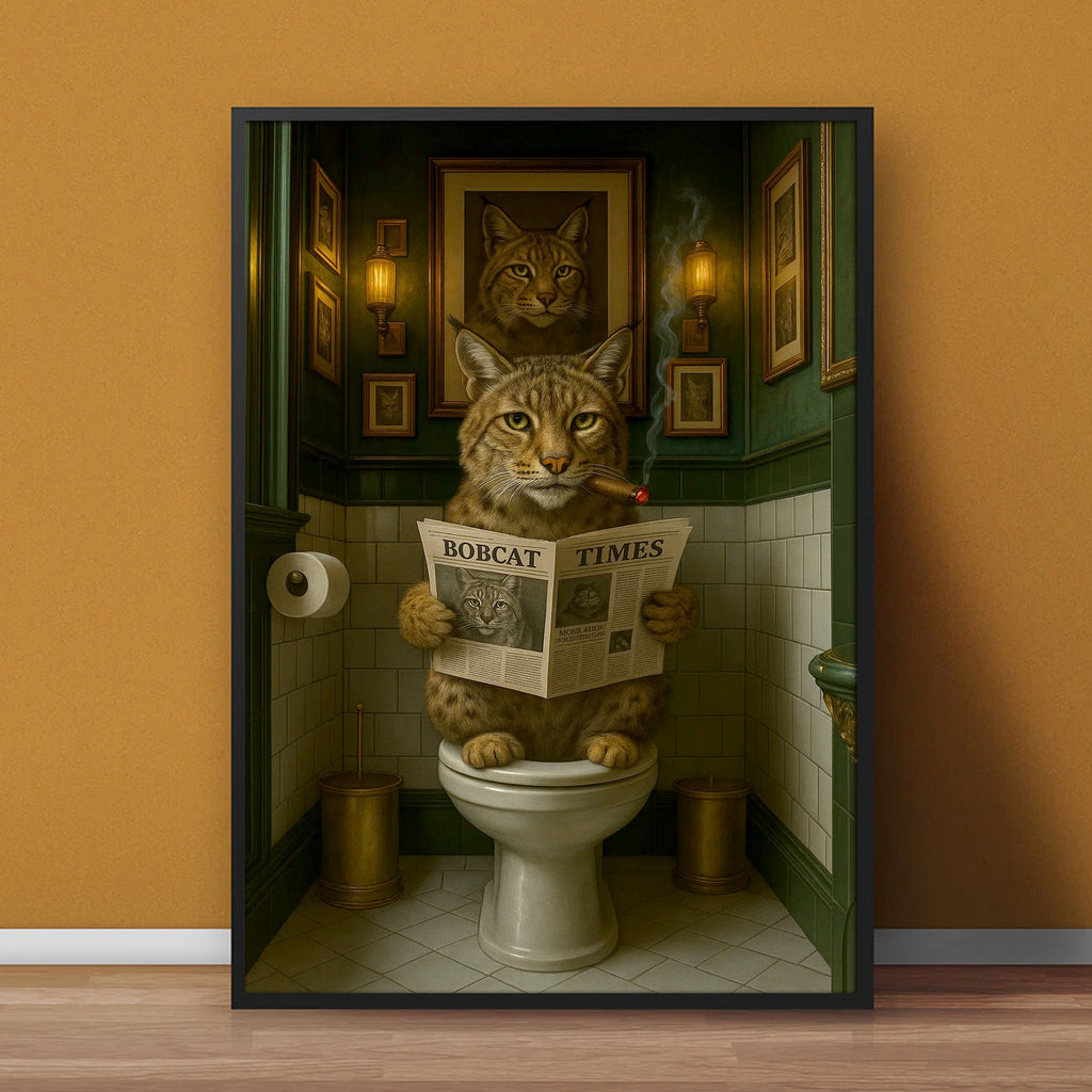 Funny Rustic Bobcat Wall Art Canvas – Smoking-Smoking Wild Cat Reading Newspaper