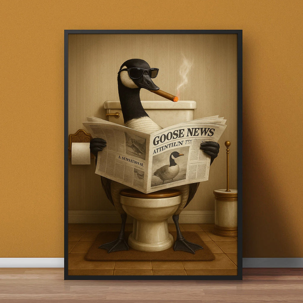 Funny Goose Read Newspaper Bathroom Canvas Wall Art – Hunting Wildlife Animal Canvas