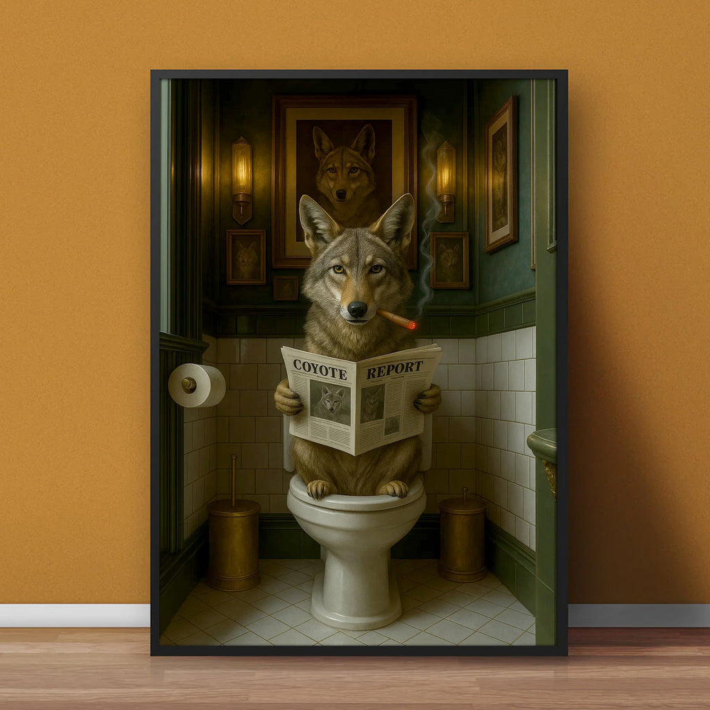 Funny Coyote Bathroom Canvas – Wild Dog on Toilet Reading Newspaper - Wolf Coyote