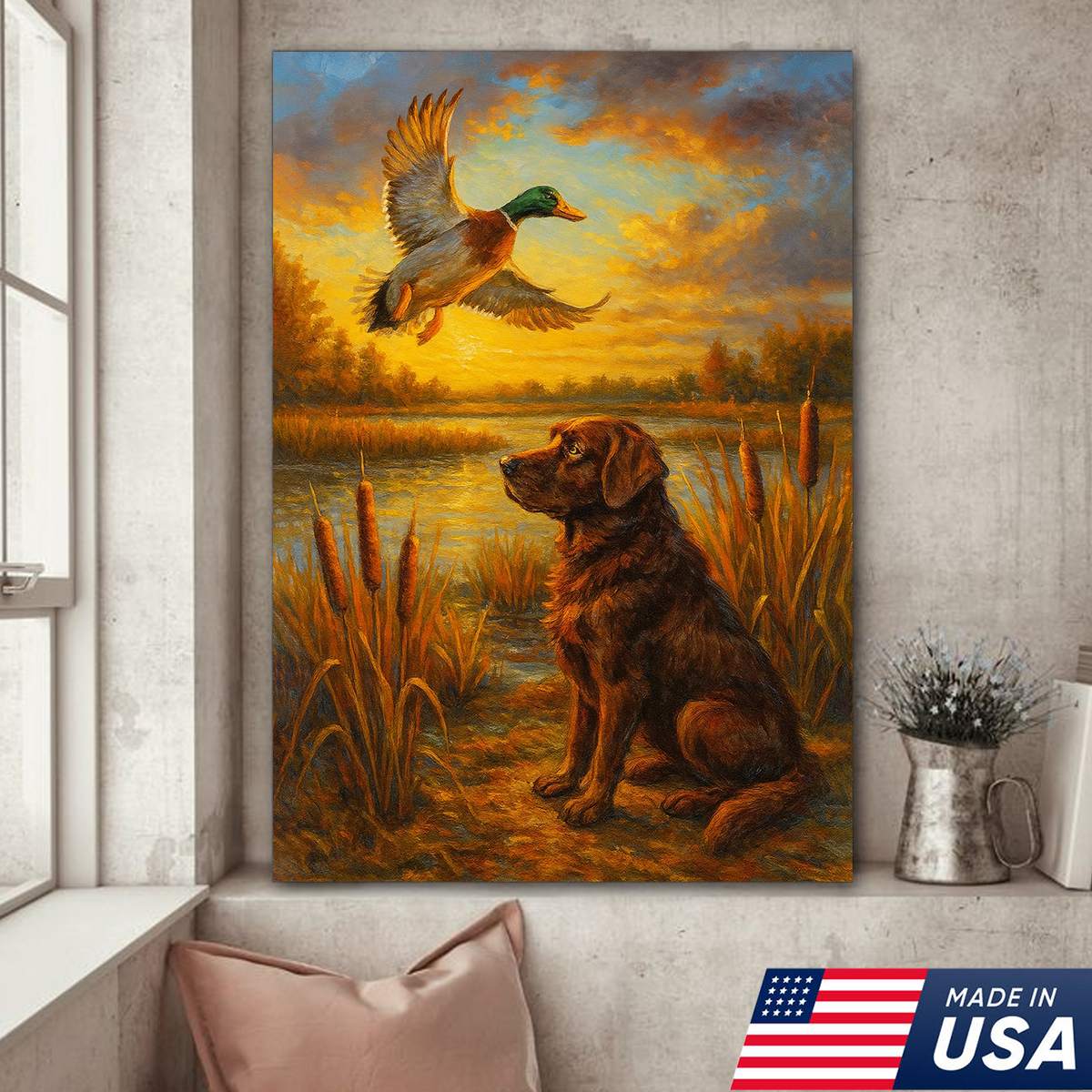 Hunting Dog & Mallard Canvas Wall Art – Rustic Wildlife Painting