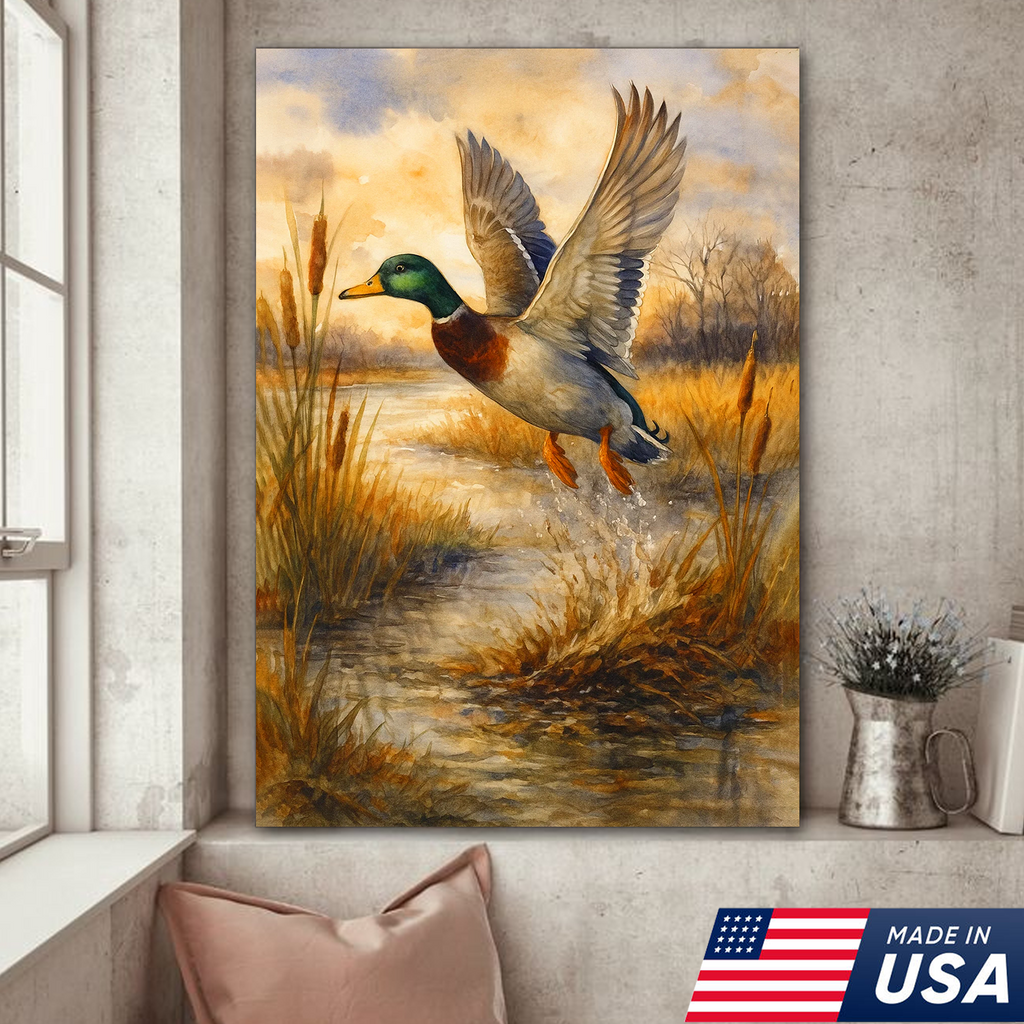 Flying Mallard Duck Canvas Wall Art, Rustic Hunting Wildlife Decor, Perfect Gift for Hunters