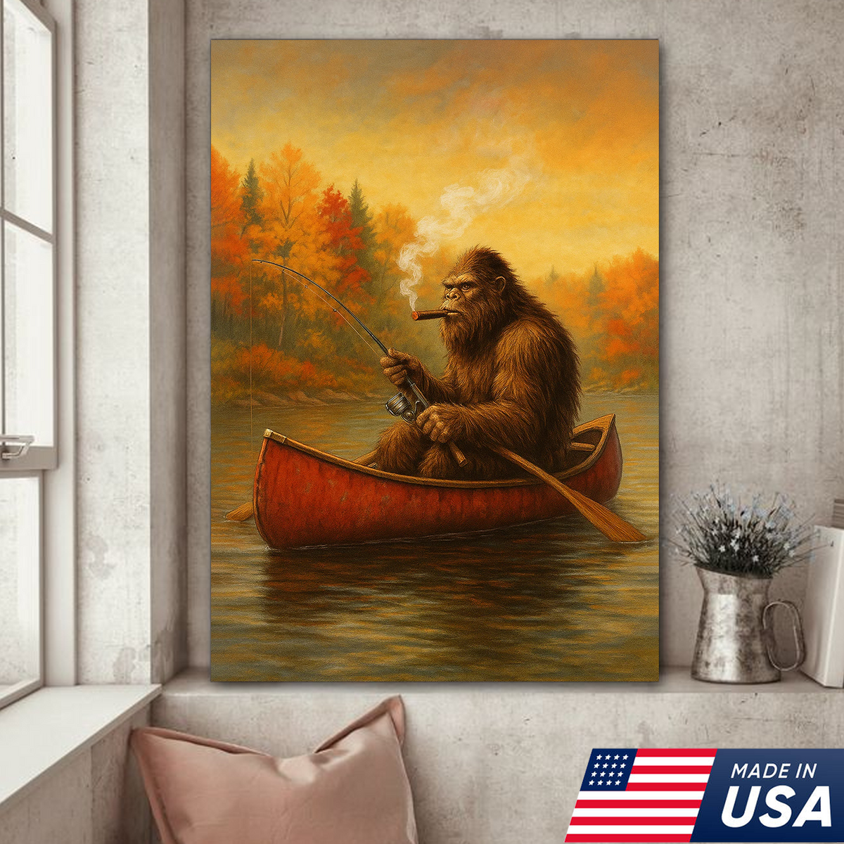 Bigfoot Fishing Canvas Wall Art – Rustic Lodge & Man Cave Decor
