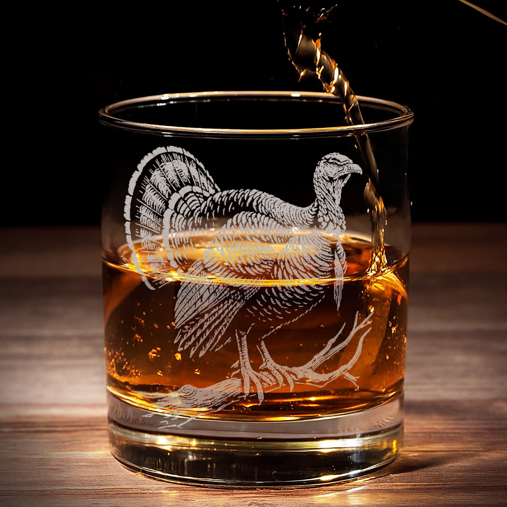 Turkey Whiskey Glass, Custom Engraved Rocks Glass, Rustic Hunting Gift for Outdoorsmen & Drinking Lovers