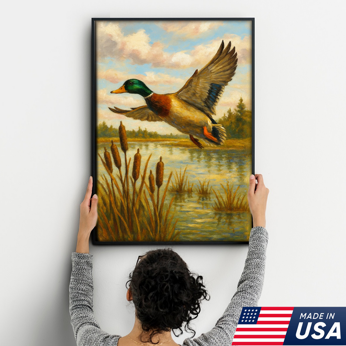Flying Mallard Duck Canvas Wall Art, Rustic Hunting Cabin Decor, Perfect Gift for Hunters