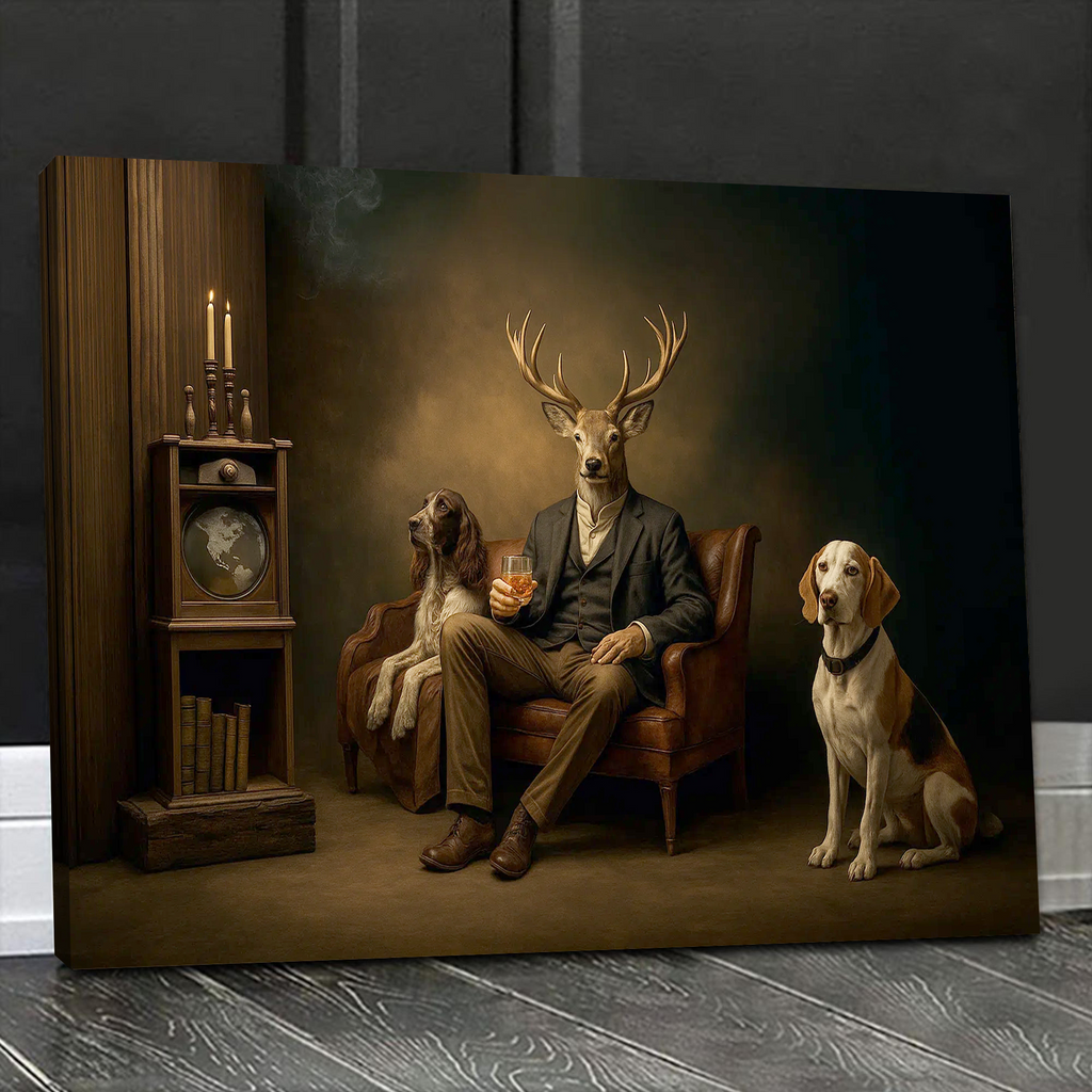 Gentleman Deer Canvas Wall Art – Rustic Whiskey & Hunting Lodge Decor, Man Cave Dog Lover Gift