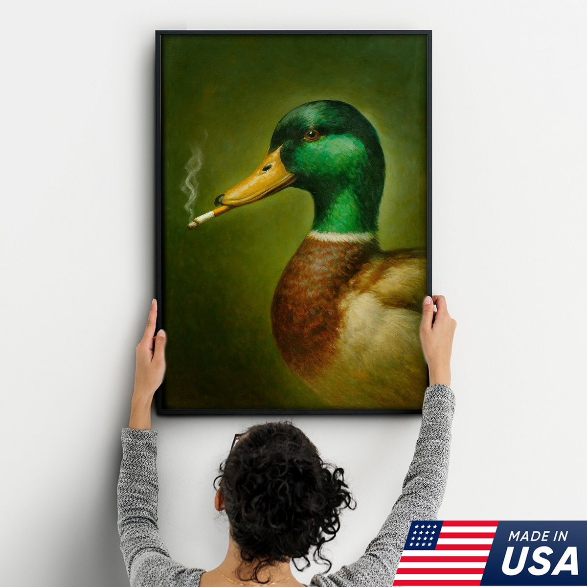 Funny Duck Smoking Canvas Wall Art, Rustic Hunting Lodge Decor, Gift for Hunters