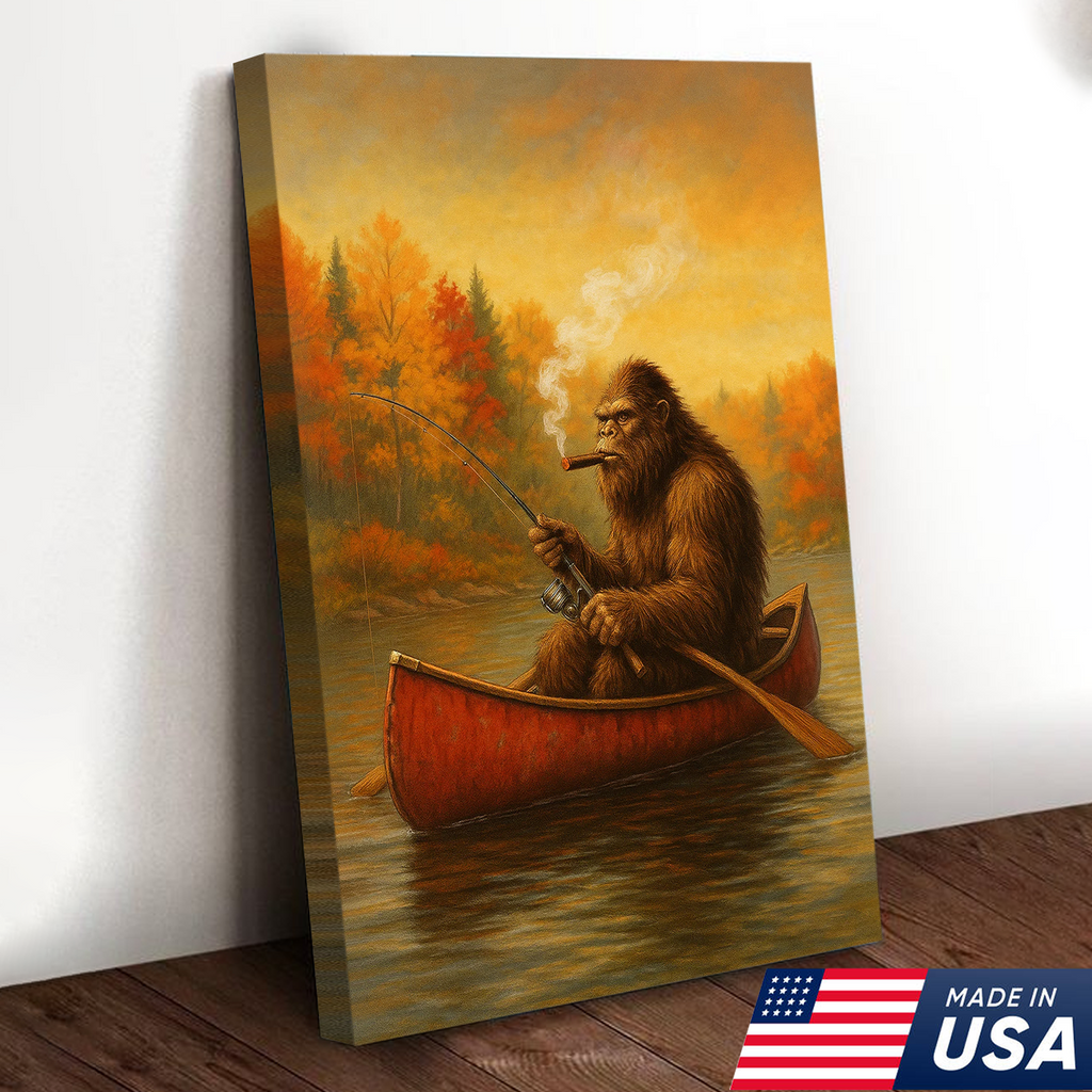 Bigfoot Fishing Canvas Wall Art – Rustic Lodge & Man Cave Decor