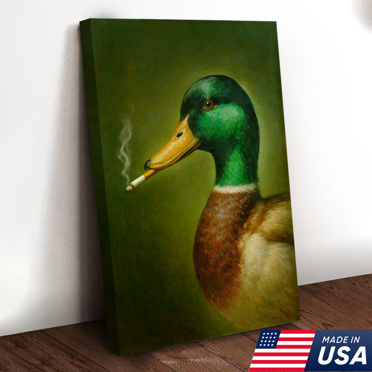 Funny Duck Smoking Canvas Wall Art, Rustic Hunting Lodge Decor, Gift for Hunters