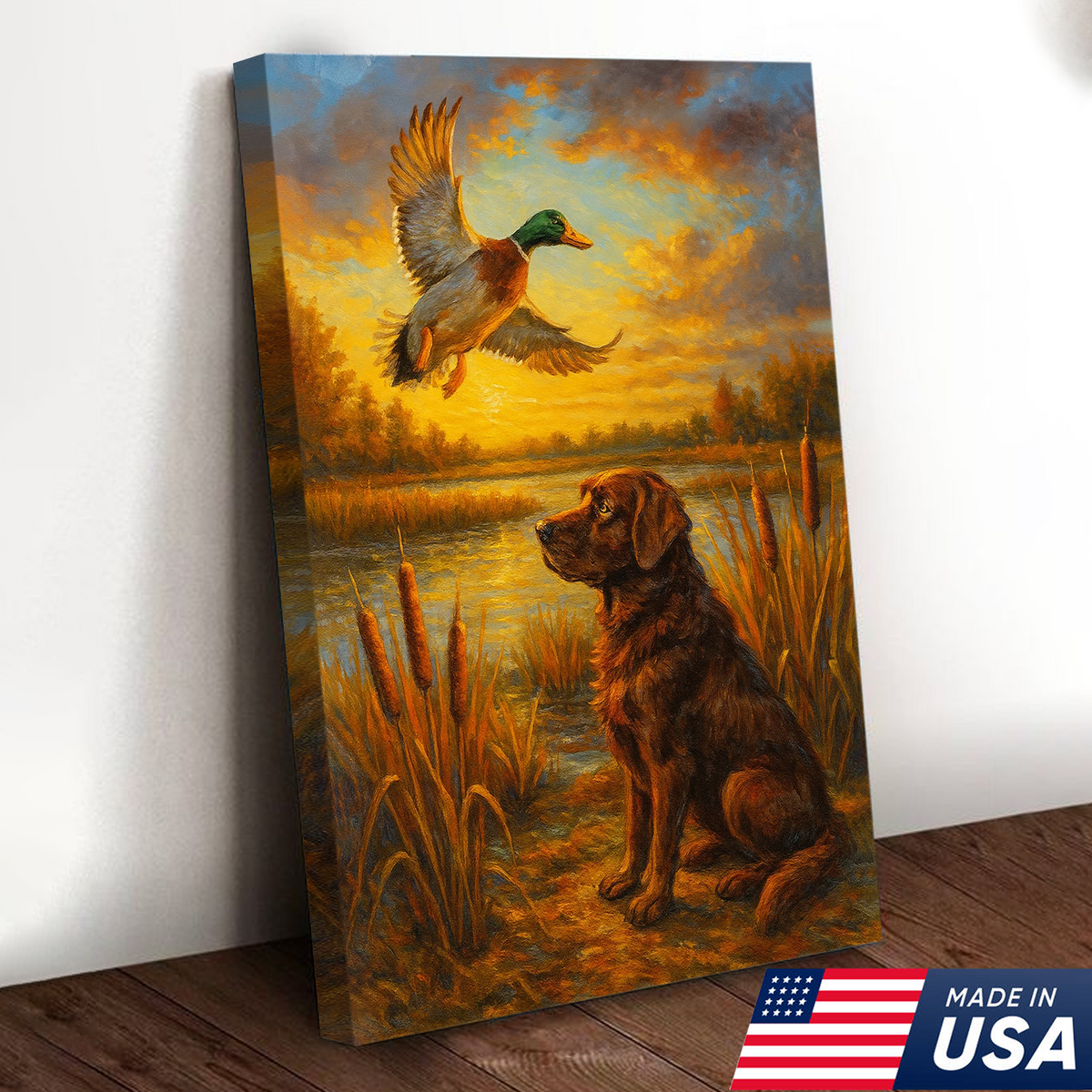 Hunting Dog & Mallard Canvas Wall Art – Rustic Wildlife Painting