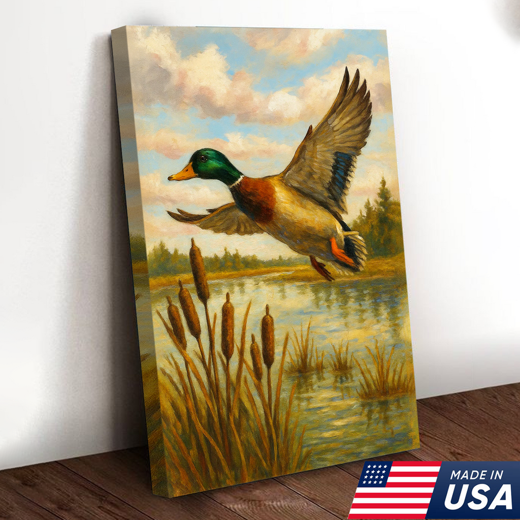 Flying Mallard Duck Canvas Wall Art, Rustic Hunting Cabin Decor, Perfect Gift for Hunters