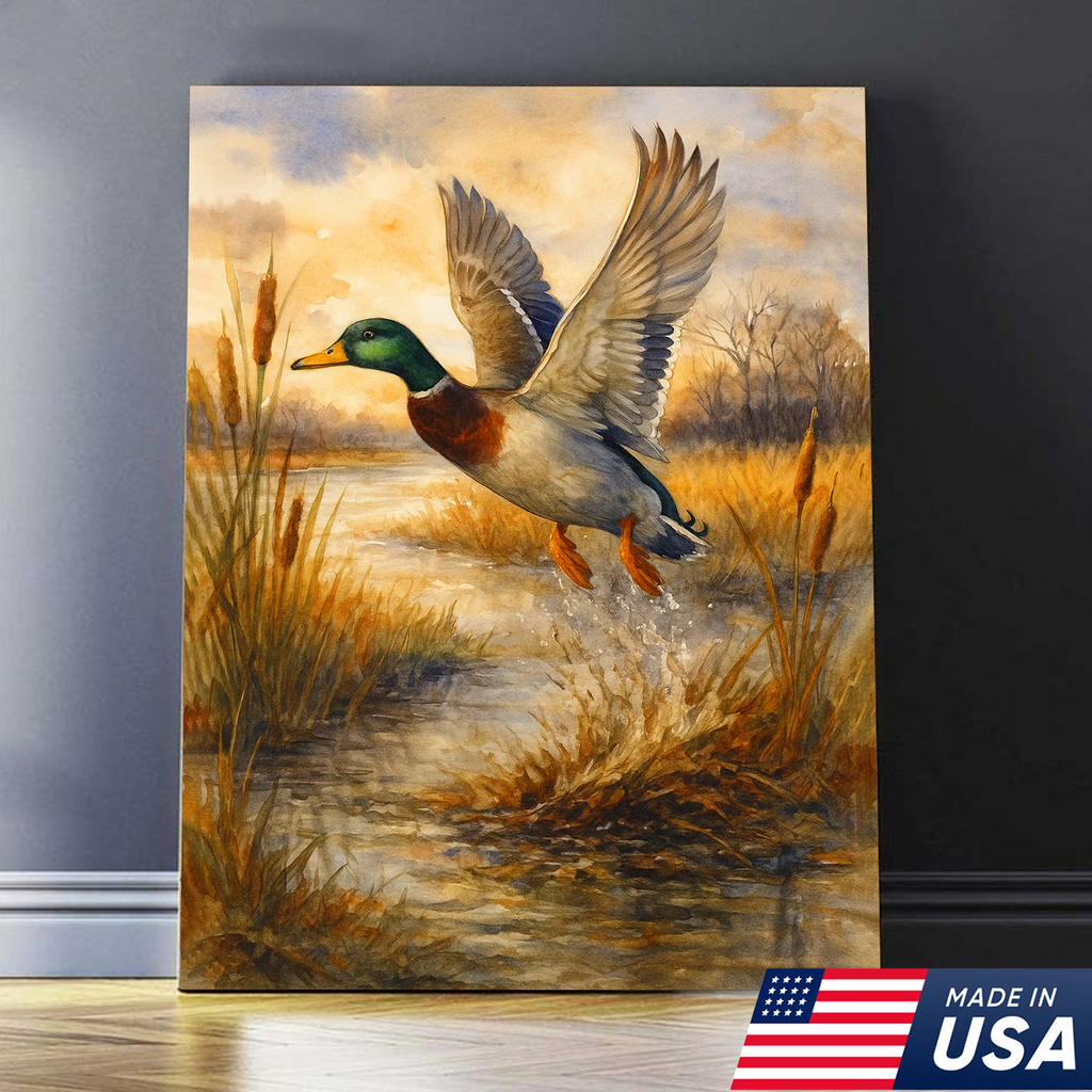 Flying Mallard Duck Canvas Wall Art, Rustic Hunting Wildlife Decor, Perfect Gift for Hunters